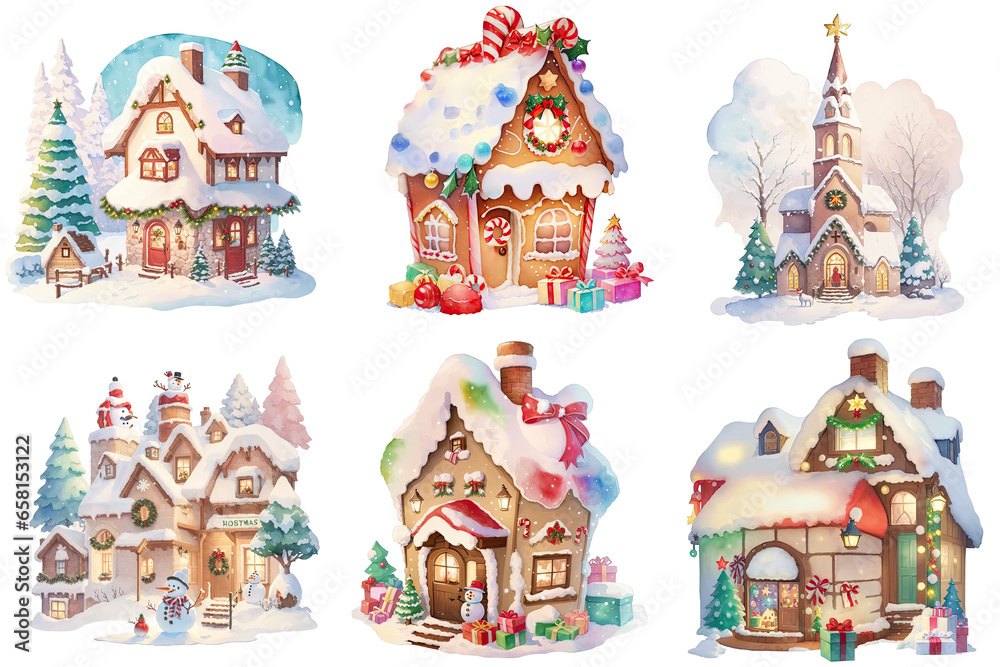 Cute Whimsical Christmas Houses with Lights and Decorations Watercolor Transparent PNG Clipart Collection