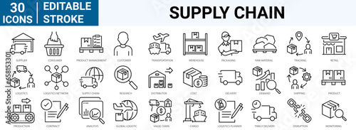 set of 30 line web icons related to supply chain, value chain, logistic, delivery, manufacturing, commerce. Outline icon collection. Vector illustration. Editable stroke photo