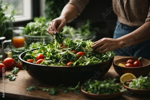 Woman hands washing Vegetables for Preparation of vegan salad on the worktop