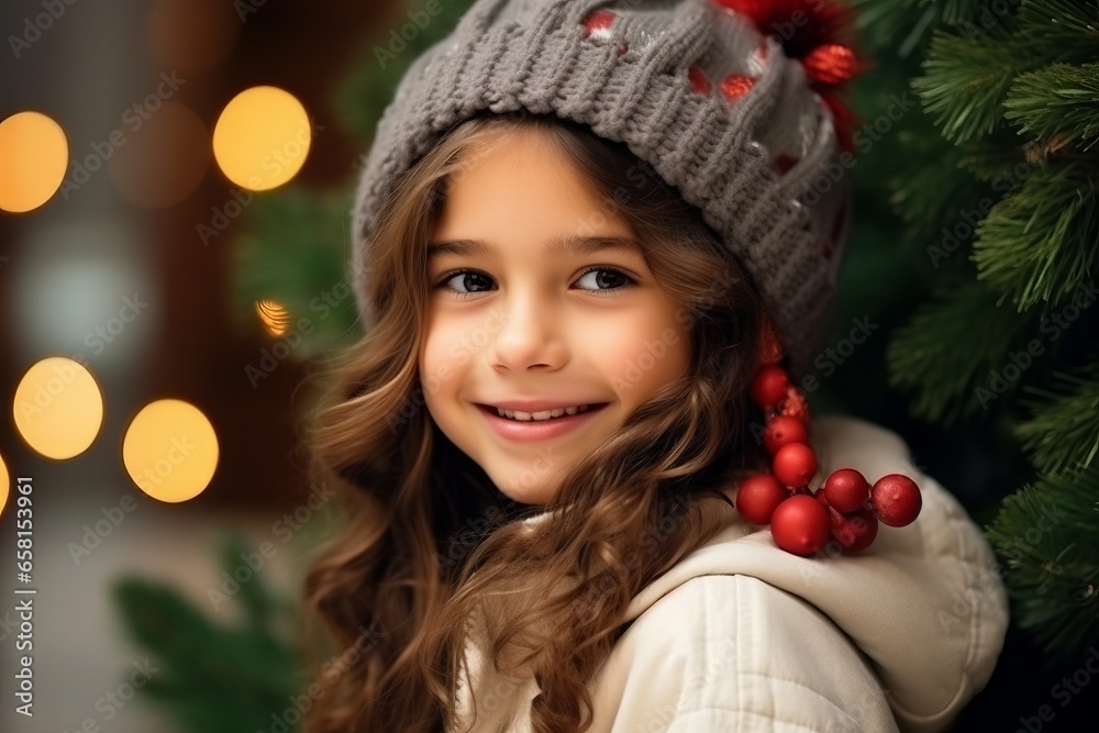 holidays, christmas, childhood and people concept - smiling little girl in hat over christmas tree background