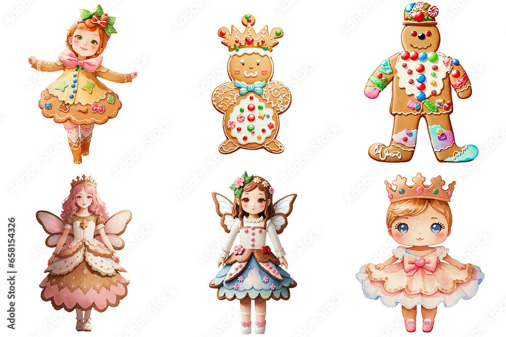 Naklejka premium Christmas Gingerbread Kingdom Variety of Gingerbread Fairy Dolls Watercolor Transparent PNG Clipart Collection