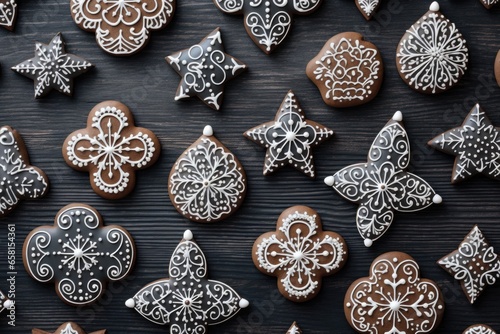 Gingerbread cookies with decorative designs on a dark brown background