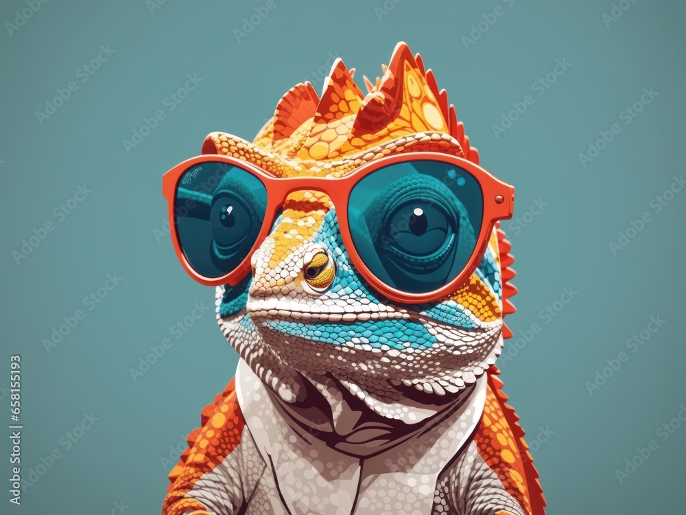 flat vector illustration of chameleon wearing sunglasses