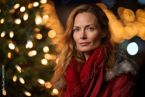 Portrait of a beautiful young woman in a red coat and scarf on the background of a Christmas tree