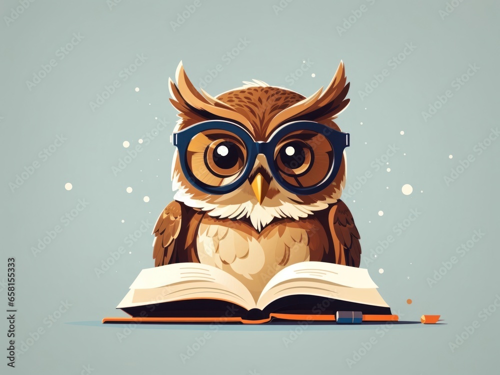 flat vector illustration of  cute owl with glasses reading book