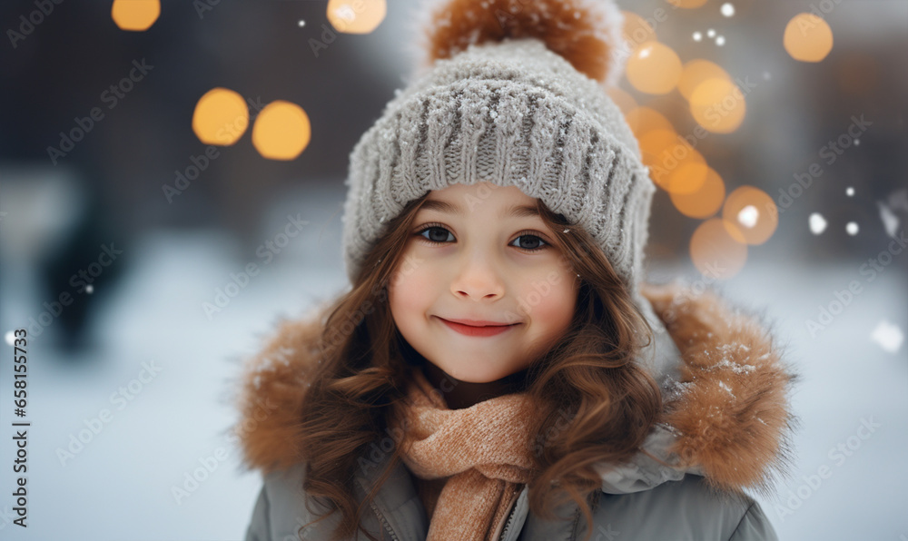Cute little girl with cold weather and snowflakes. Winter holidays, Christmas trip Cute little girl with cold weather and snowflakes. Winter holidays, Christmas trip