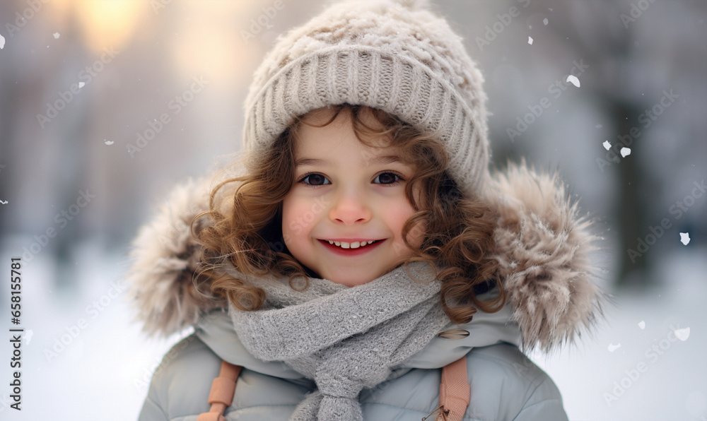 Cute little girl with cold weather and snowflakes. Winter holidays, Christmas trip Cute little girl with cold weather and snowflakes. Winter holidays, Christmas trip