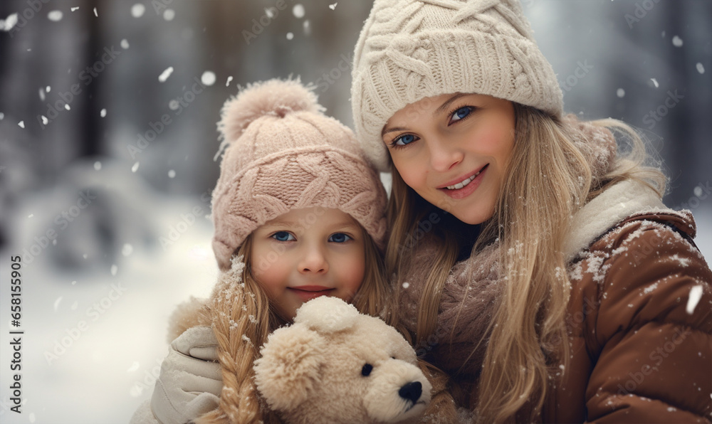 Obraz premium Beautiful young mom and her little cute daughter have fun outdoors in winter. Winter holidays, Christmas trip