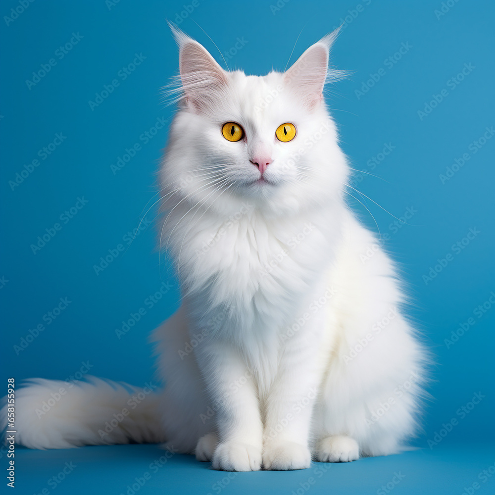 Fluffy white Turkish Angora. Turkish angora. Van cat with yellow eyes on the blue background. Adorable domestic pets. Domestic pet concept. AI