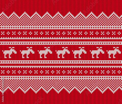 Christmas pattern. Holiday fair traditional ornament. Xmas seamless knit texture with deers. Knitted red sweater background. Festive winter print. Wool pullover vector illustration.