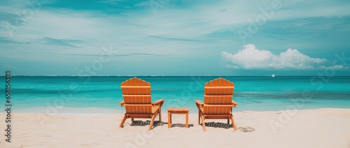 Beach chairs on tropical sandy beach with turquoise ocean water © Rudsaphon