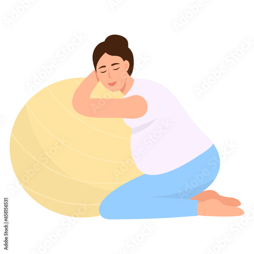 Woman giving birth in a comfortable position for childbirth on a fitball.Preparing for childbirth.Vector illustration