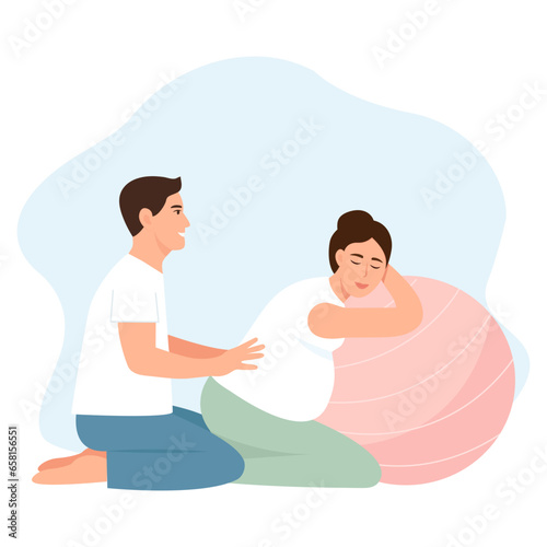 Pregnant woman preparing for childbirth with partner.  Husband helps wife to relax, making massage of  back, comfortable posture for birthing.Vector illustration