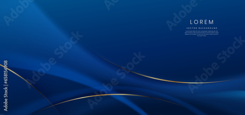 Abstract 3d curved blue shape on blue background with golden lines lighting effect and copy space for text. Luxury design style.