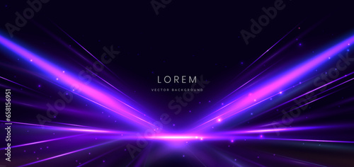 Abstract purple light rays on black background with lighting effect and bokeh.