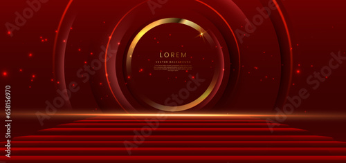 Elegant red stage with gold diagonal glowing lighting effect and sparkle. Template premium award design.