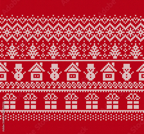 Christmas ornament with snowman, house, gift box, snowflake, trees, knit seamless pattern. Fair isle festive Xmas ugly elements. Sweater xmas border. Knitted print. Vector illustration