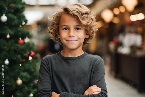 Portrait of a cute little boy in front of a Christmas tree photo