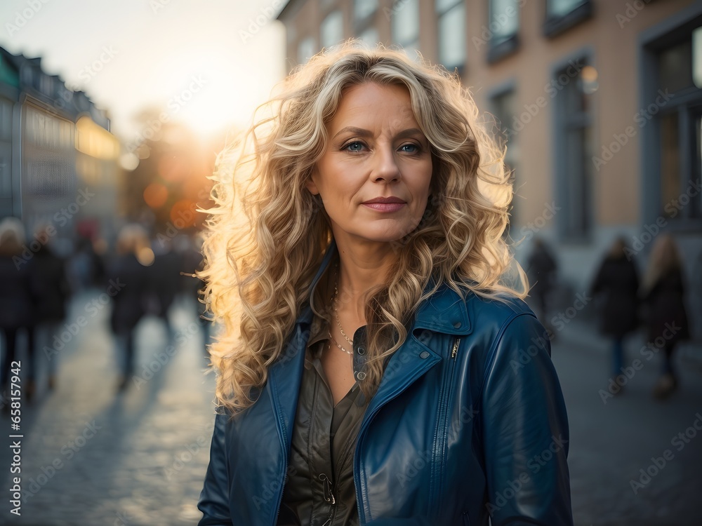 wide angle and full body portrait of attractive mature swedish female with long curly blonde hair and blue eyes, wearing blue Leather Jacket during late autumn sunset. Generative Ai.