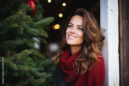 Portrait of a beautiful young woman in a red sweater and scarf near the Christmas tree