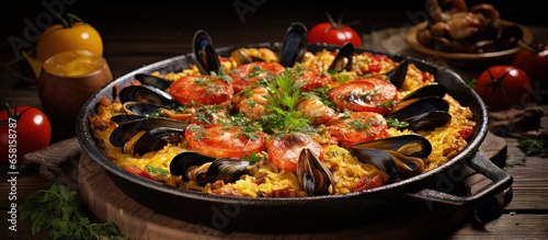Traditional Spanish seafood paella with mussels shrimp and chorizo in a wooden pan