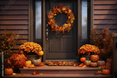 Entrance of a house with the door and stairs decorated with autumn motifs such as pumpkins and dried leaves
