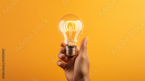黄色い背景で電球を持つ手