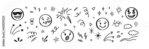 Doodle emoji set. Hand drawn sketch vector illustration. Pack of different expressions emoticons and manga stile motion elements