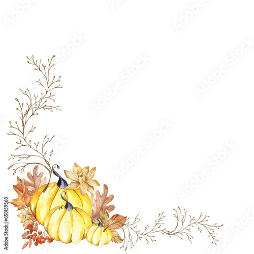 Fototapeta Naklejka Na Ścianę i Meble -  autumn frame pumpkin and autumn leaves. Watercolor illustration isolated on white background