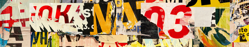 Naklejka premium Collage of many numbers and letters ripped torn advertisement street posters grunge creased crumpled paper texture background placard backdrop surface banner