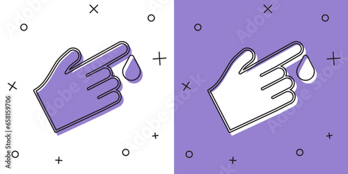 Set Hand finger with blood drops icon isolated on isolated on white and purple background. Diabetes, sugar blood. Vector