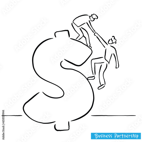 illustration of a man and a person. Hand drawn line art vector of two robots helping each other achieving dreams together. Teamwork and success. Importance of peer help in career