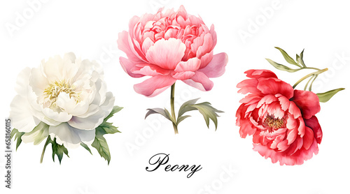 Watercolor red, white and pink peony flower. Watercolor botanical illustration isolated.