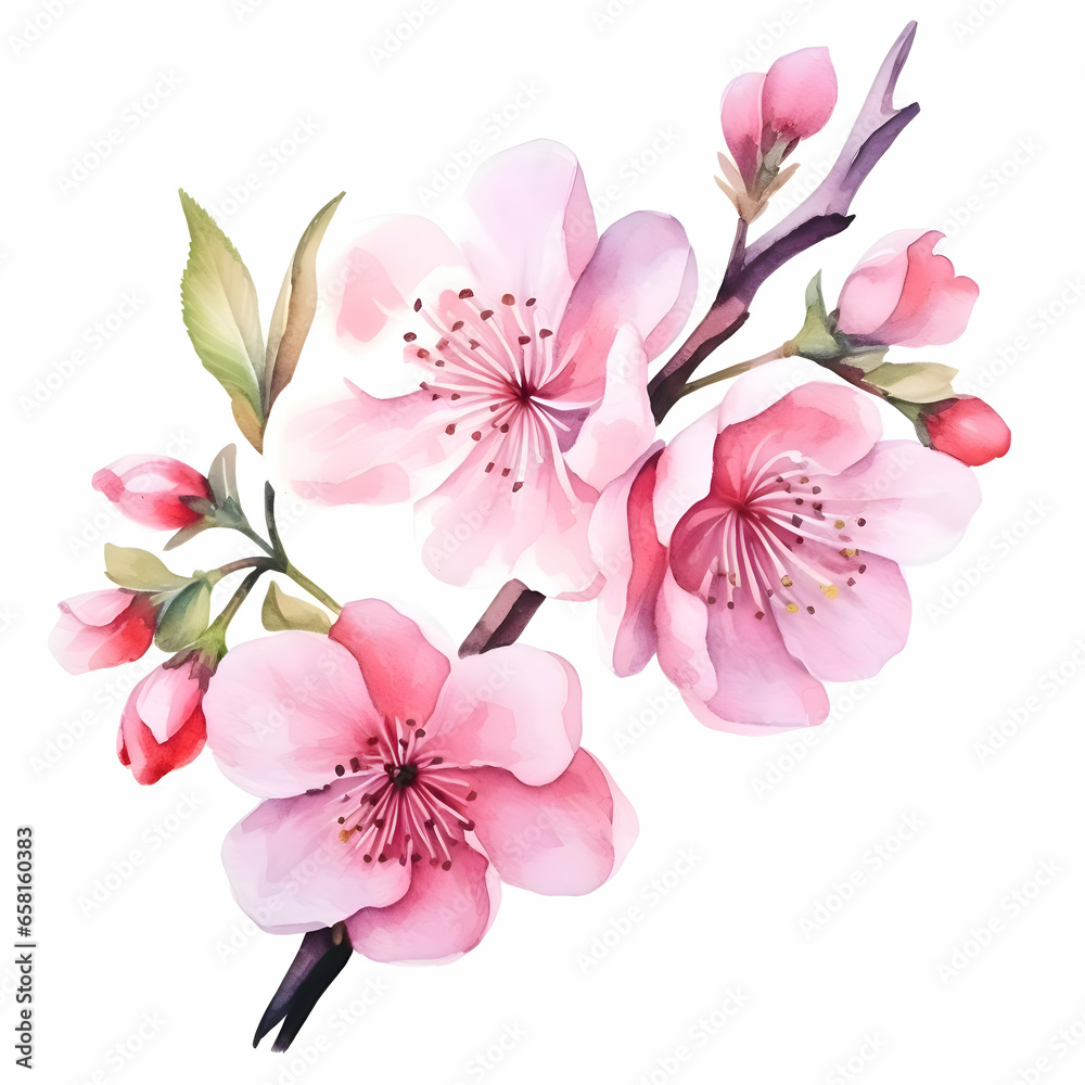 Isolated watercolor pink flowers on a white background. High-resolution