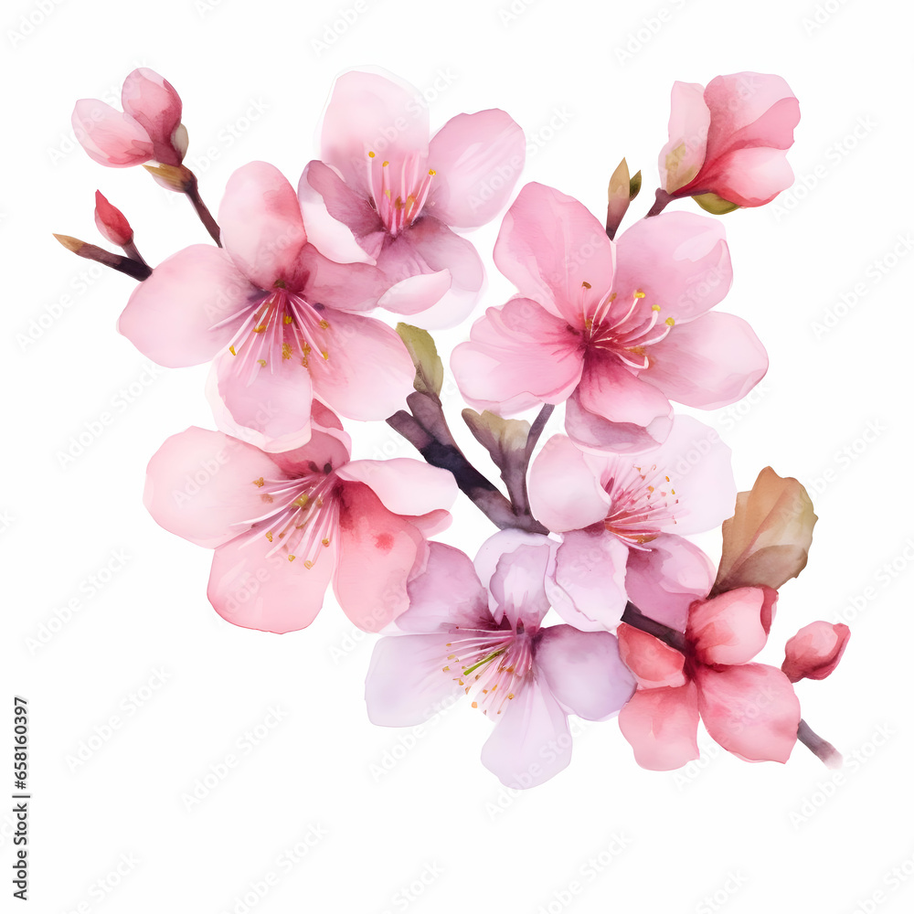 Isolated watercolor pink flowers on a white background. High quality