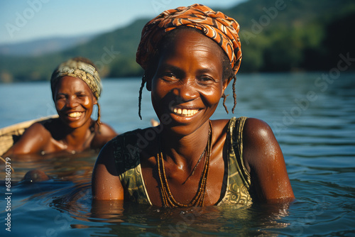 Joyful African woman collecting lake water, mountains and sky reflecting backdrop. © XaMaps
