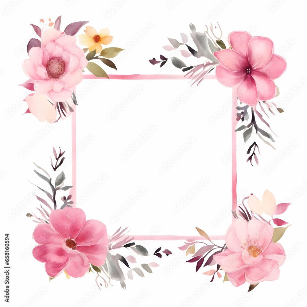 Isolated watercolor pink flower frame on a white background. High quality