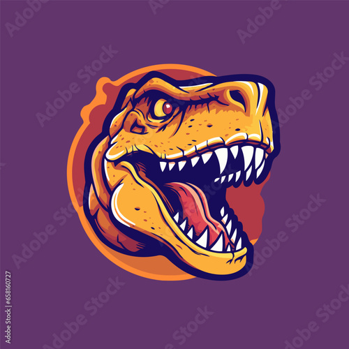 Fototapeta Naklejka Na Ścianę i Meble -  Dinosaur head mascot logo design. Vector illustration of dinosaur head mascot isolated on purple background.