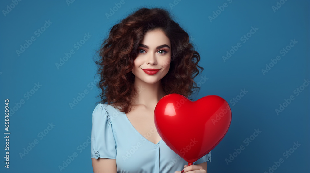 Happy young woman with a heart-shaped balloon on a blue background. Celebrating Valentine's Day. ai generative Happy young woman with a heart-shaped balloon on a blue background. Celebrating Valentine's Day. ai generative