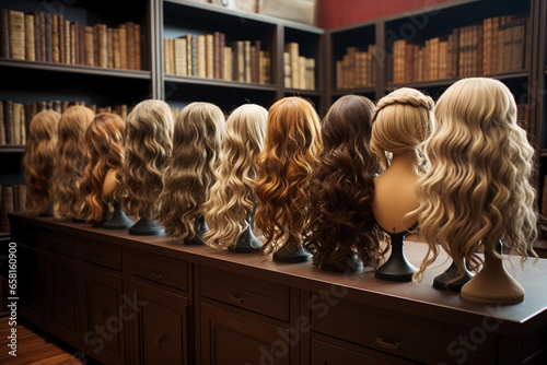 lots of woman's wigs in shop with wavy hair photo