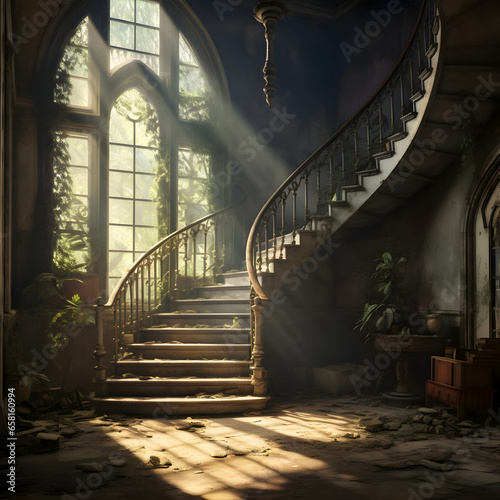 A room with ascending stairs to the outside. High-resolution