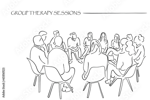 group of people. Hand-drawn line art vector of Group Psychotherapy Sessions. Psychology line art. Mental health and social bonds