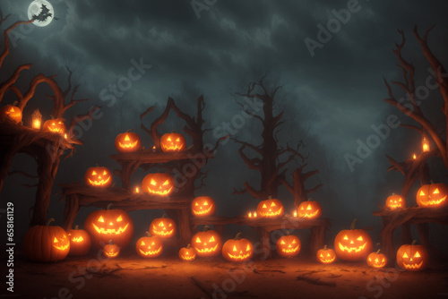 a bunch of pumpkins sitting in a scary place
 photo