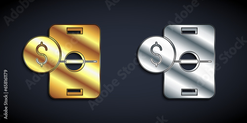 Gold and silver Soccer football betting money icon isolated on black background. Football bet bookmaker. Soccer betting online make money. Long shadow style. Vector