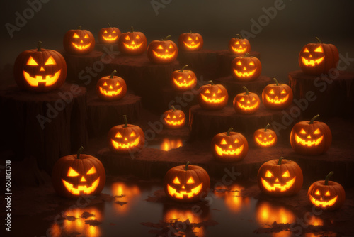 a group of carved pumpkins sitting on a stump in a dark place 