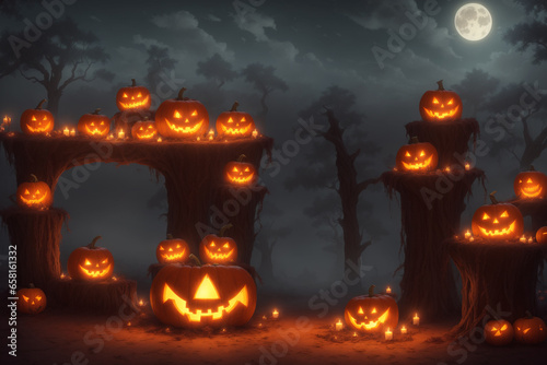 a halloween scene with pumpkins and spooky trees
