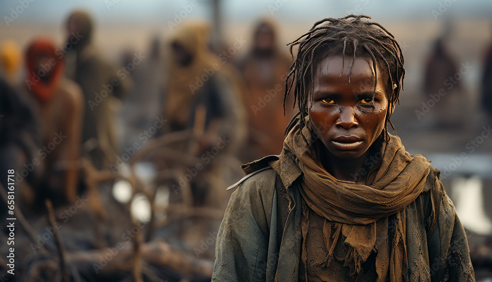 Haunting indigenous African woman in tormented gaze amid charred village and vast savannah.