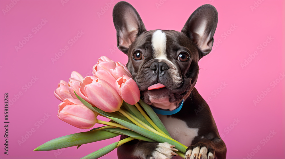 The dog holds a bouquet of flowers in its paws on a pink background. Spring card for Valentine's Day, Women's Day, Birthday, Wedding. ai generative