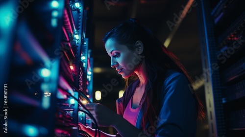 woman is working on the server in a server room photo