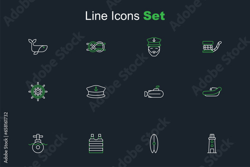 Set line Lighthouse, Surfboard, Striped sailor t-shirt, Submarine, Inflatable boat with motor, Captain hat and Ship steering wheel icon. Vector